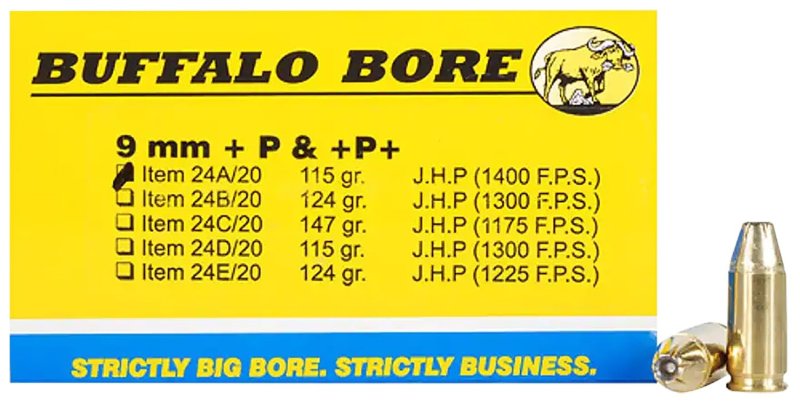 Buffalo Bore 24A20 9mm Luger +P+ 115gr JHP Ammo 20 Rounds