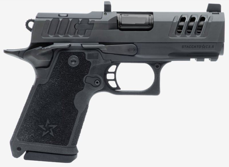 Staccato HD C3.6 Premium Package, 9mm SAO Semi-Auto Pistol with 3.6 DLC Stainless Bull Barrel, X-Serrations, Optic Ready, Trijicon Tritium Front Night Sight, Black Rear Sight, Curved Trigger, Ambi Safety, Ambi Slide Release, Light Rail, 4 Mags, 15rd.