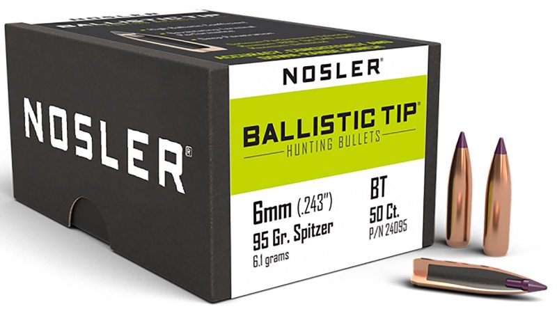 Nosler Ballistic Tip Hunting 6mm .243 95 GR Spitzer 24095 50 Per Box