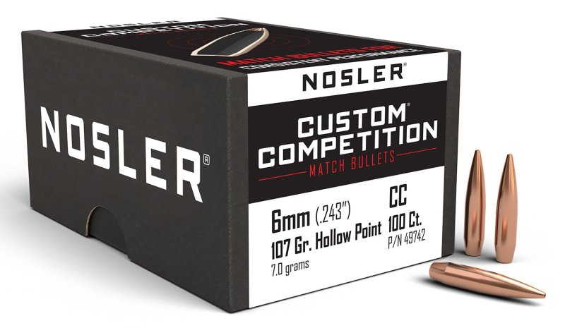 Nosler Custom Competition 6mm, 107gr HPBT Rifle Bullet, 100-Box, Ultra-Precise Lead-Alloy Core, Aerodynamic Efficiency