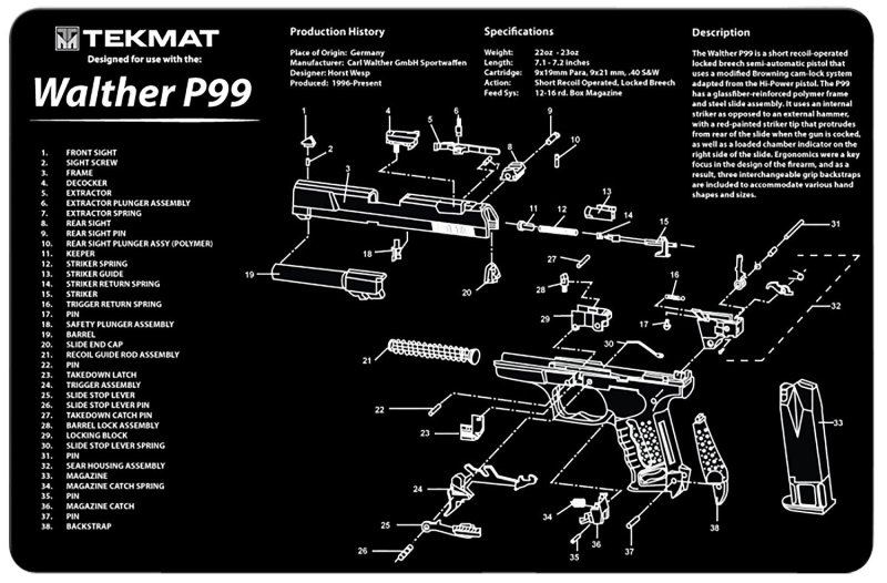 TekMat TEKR17WALP99 Walther P99 Cleaning Mat 17" Rubber Black/White