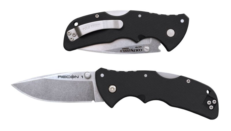 Cold Steel CS-27BAS Recon 1 Mini 3" Folding Spear Point Plain Stone Washed AUS-10A SS Blade/ Black Textured GRN Handle