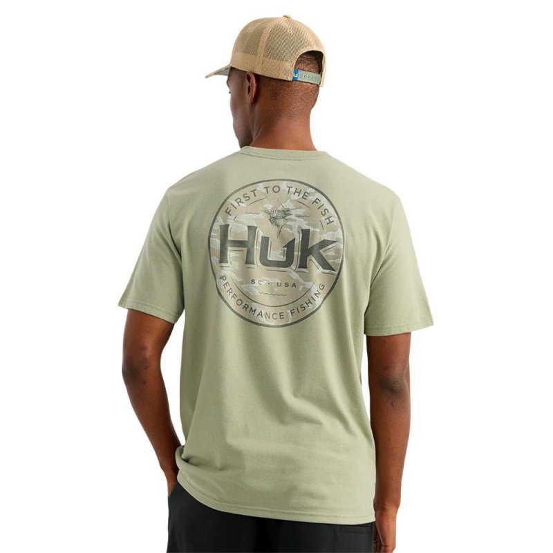 Huk Marlin Circle Short Sleeve Pocket Shirt Seagrass M Mens
