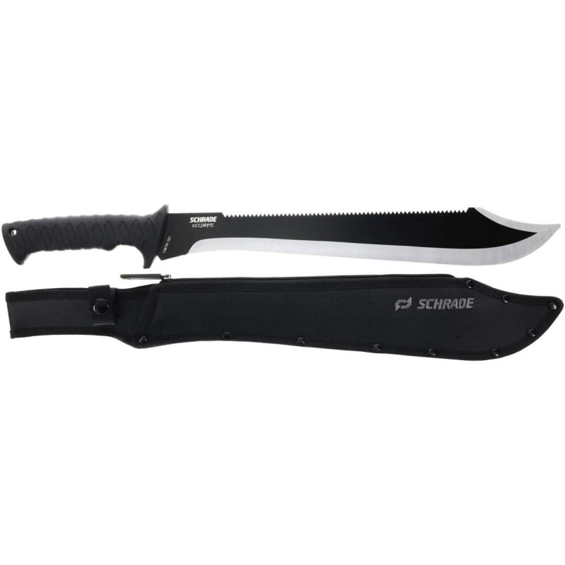Schrade Decimate Sawback Machete, 14.5" 3CR Steel Blade, Rubberized Non-Slip Handle, Black