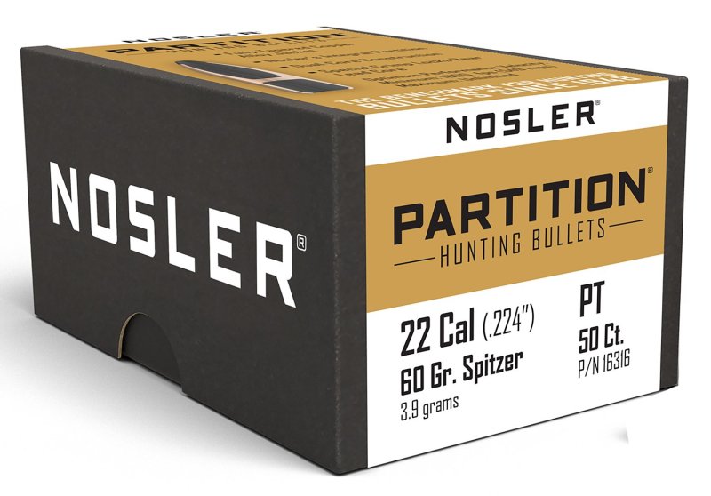 Nosler 22 Caliber (.224) 60 Grains Spitzer Partition (Per 50)