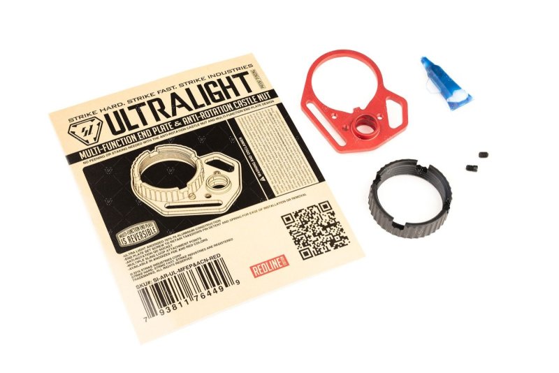 Strike Industries Ultralight 7075-T6 Aluminum Red End Plate & Black Anti-Rotation Castle Nut - AR-10/AR-15 Size