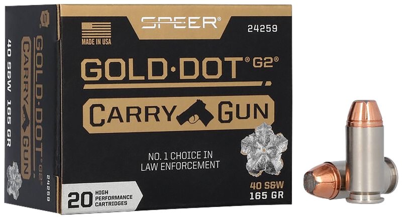 Speer 24259 Gold Dot Carry Gun 40 S&W, 165 Grain Hollow Point, 20 Rounds, High-Performance Pistol Ammo