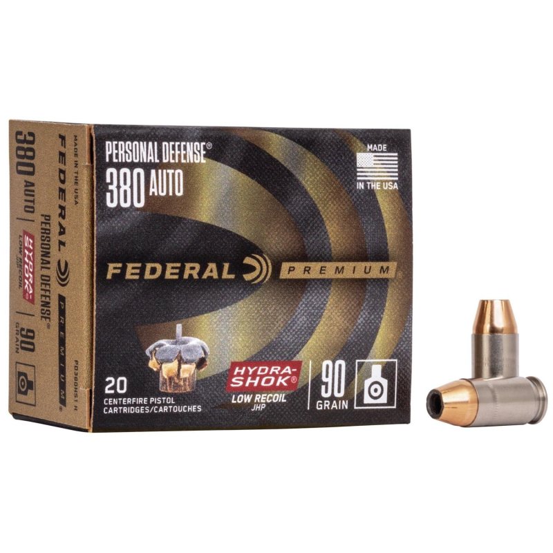 Federal PD380HS1H Premium Personal Defense Low Recoil 380 ACP 90 gr Hydra-Shok Jacketed Hollow Point 20 Per Box/10 Cs