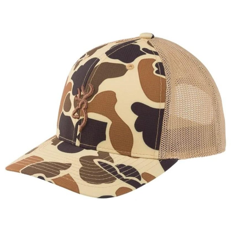 Browning Cupped Up Mesh Cap Vintage Tan Camo Adjustable Flexfit Closure