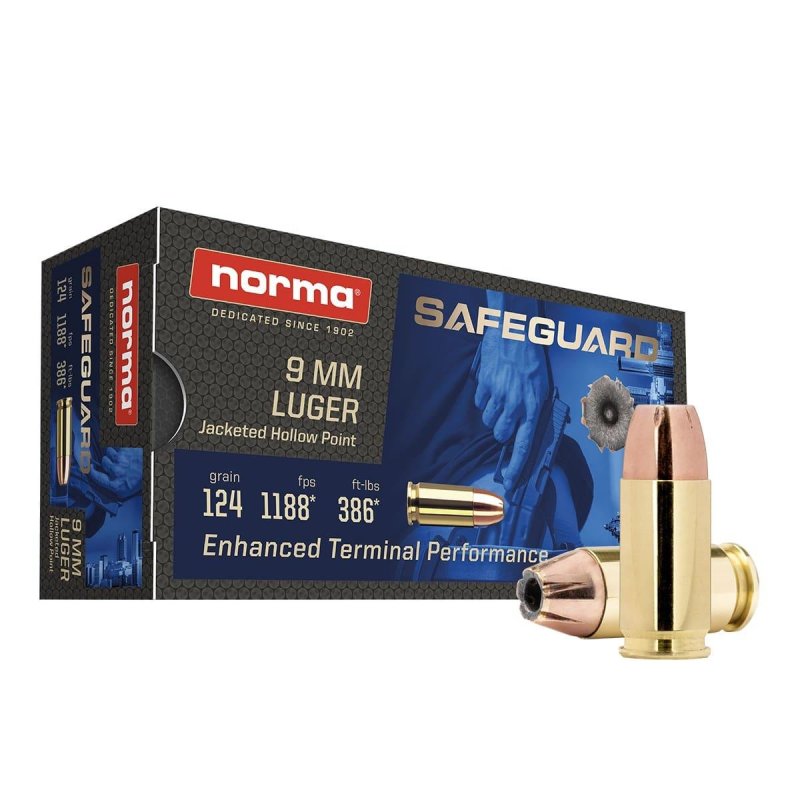 Norma Safeguard 9mm Luger 124 gr Hollow Point 1188 fps 50 Rounds