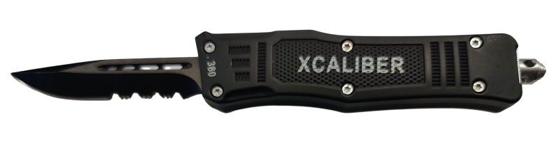 Xcaliber 380 OTF Knife 2.75in Part Serrated Black 440C SS Blade