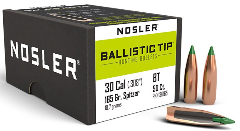 Nosler Ballistic Tip Hunting 30 Cal .308 165 gr Spitzer 50 Per Box