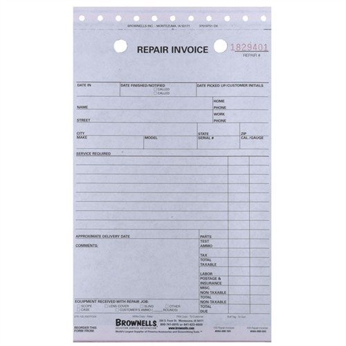 Brownells Repair Log Invoice Forms 3-PART 100 Pack