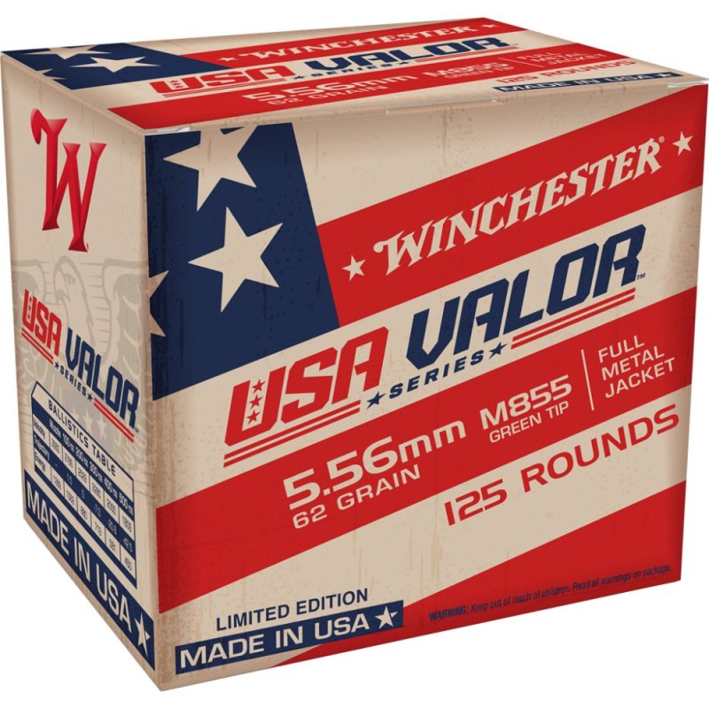 556 Ammo Winchester USA Valor 5.56 M855 62gr FMJ 125rds USA855125 GREEN TIP