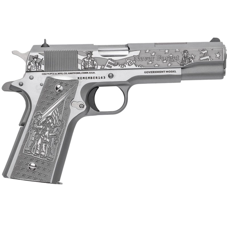 COLT REMEMBER 9/11 1911 45ACP PISTOL STAINLESS ENGRAVED 25TH ANNIVERSARY, ENGRAVED ALUMINUM GRIPS