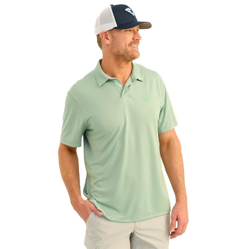 Huk H1200639-315-S Icon Polo Short Sleeve Shirt Fog Green Size S