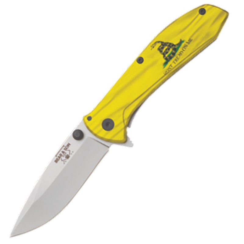 BEAR & SON UV ART GADSEN FLAG 4" STN/YLW 4" STAINLESS STEEL FRAMELOCK ASSISTED OPENER- GADSDEN FLAG BEAR OPS - Made in the USA with USA manufactured parts, Materials and Workforce.
