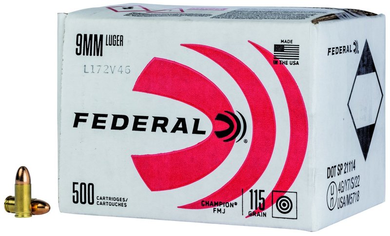 Federal C9115A500 Champion 9mm Luger 115gr FMJ 500rds Bulk Pack