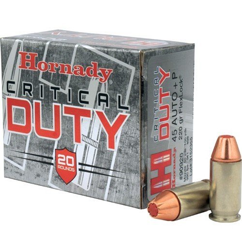 Hornady 90926 Critical Duty 45 ACP +P 220 gr FlexLock Ammo - 20 Per Box/10 Cs - Nickel Plated Brass Case