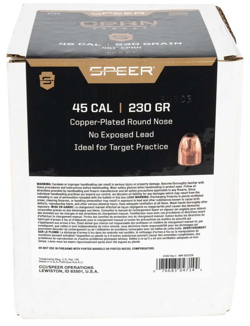 Speer 4714 .45 Cal 230gr Copper Plated Round Nose Bullets 500ct Box