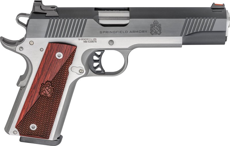 Springfield Armory 1911 Ronin Operator 9mm Two-Tone Pistol: 5" Barrel, Stainless Steel Frame, Carbon Slide, Crossed Cannon Wood Laminate Grip