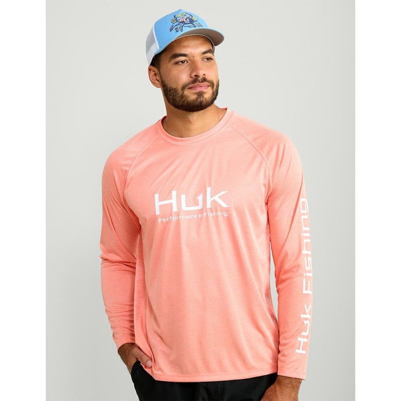 Huk H1200524-809-S Vented Pursuit Long Sleeve Shirt Fresh Salmon Heather S
