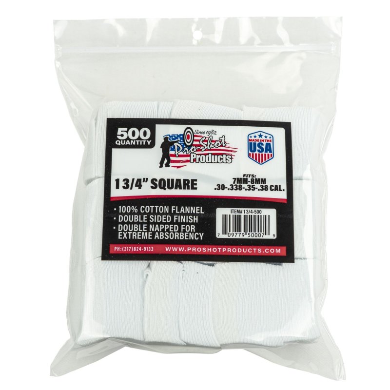 Pro-Shot 1.75" Square Cotton Flannel Gun Cleaning Patches 7mm-.38/6mm 500ct