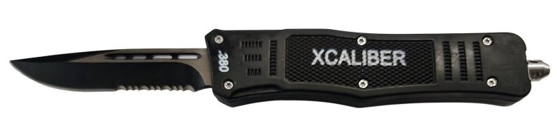Xcaliber 380 ACP Medium OTF Knife 3.25in Part Serrated Black 440C SS