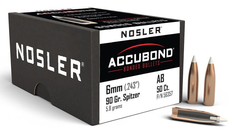 Nosler 56357 AccuBond Hunting 6mm .243 90 gr Spitzer Point 50 Per Box