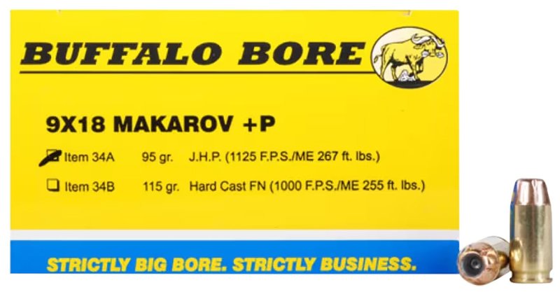 Buffalo Bore 34A20 9x18 Makarov +P 95gr JHP Ammo 20 Rounds