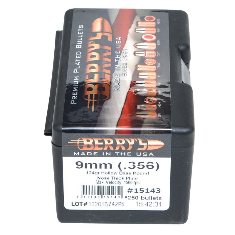 Berry's 15143 9mm 124gr Hollow Base Round Nose Bullets 250ct
