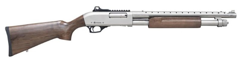"12GA Pump Shotgun 18.5" Barrel, 39" OAL, Nickel Finish, Walnut Stock, 4+1 Capacity, 3 Chokes, Heat Shield, Picatinny Rail, Adjustable Sight