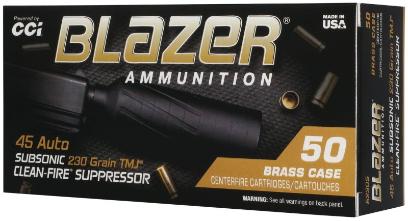 CCI 45 AUTO 230GR TMJ BLAZER BRASS CLEAN-FIRE SUPPRESSOR 50 5230S