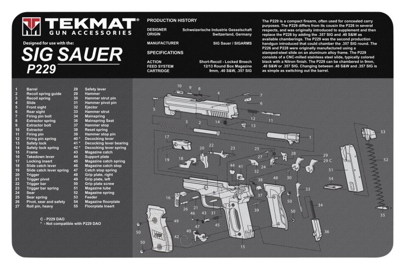 TekMat TEKR17SIGP229 Sig Sauer P229 Cleaning Mat Black/White Rubber 11"x17" Sig P229 Parts Diagram