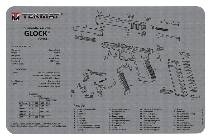 TekMat Glock Gen 4 Cleaning Mat Gray Rubber 11"x17"
