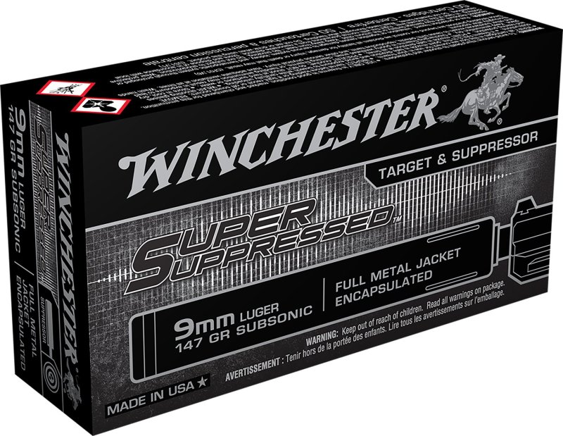 Winchester Ammo SUP9 Super Suppressed Target 9mm Luger Subsonic 147 gr Encapsulated Full Metal Jacket 50 Per Box/ 10 Cs