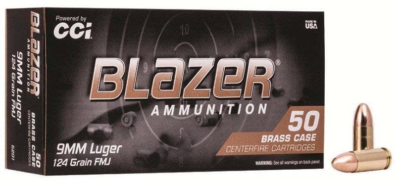 CCI Blazer Brass 5201 9mm Luger 124 Grain FMJ 50 Round Box