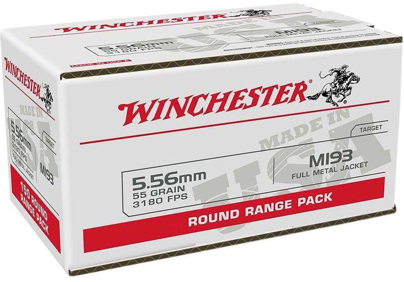 Winchester WM193100 5.56mm 55gr FMJ Ammo, 3240 fps, 100 Rounds