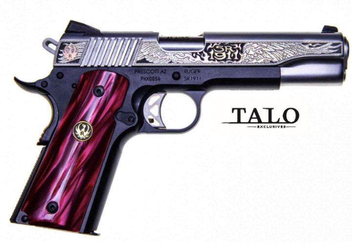 RUGER SR1911 PHOENIX 45 ACP 5IN BARREL 8RD ENGRAVED SLIDE CUSTOM RED PEARL KIRINITE GRIPS WITH RUGER MEDALLION 16708