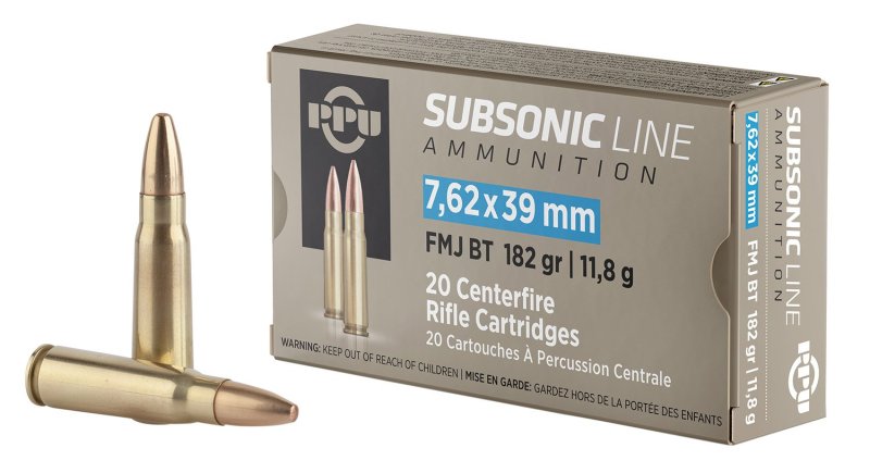 PPU PPS76239 Subsonic 7.62x39mm 182gr FMJ BT Ammo 20/Box