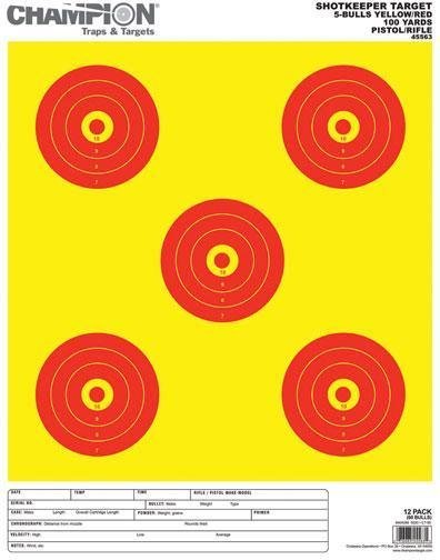 Champion Range ShotKeeper Large 5-Bullseye Targets, Yellow/Red, 12 Pack