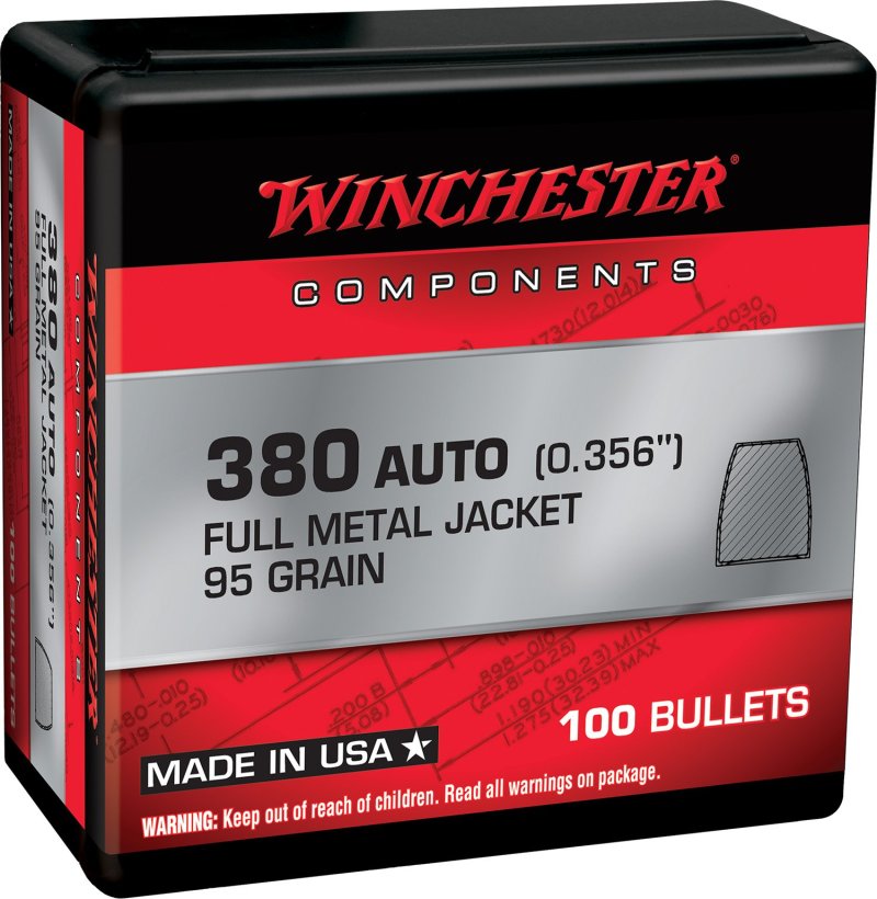 Winchester WB380MC95X Centerfire Handgun Reloading Bullets .356 95 gr FMJ
