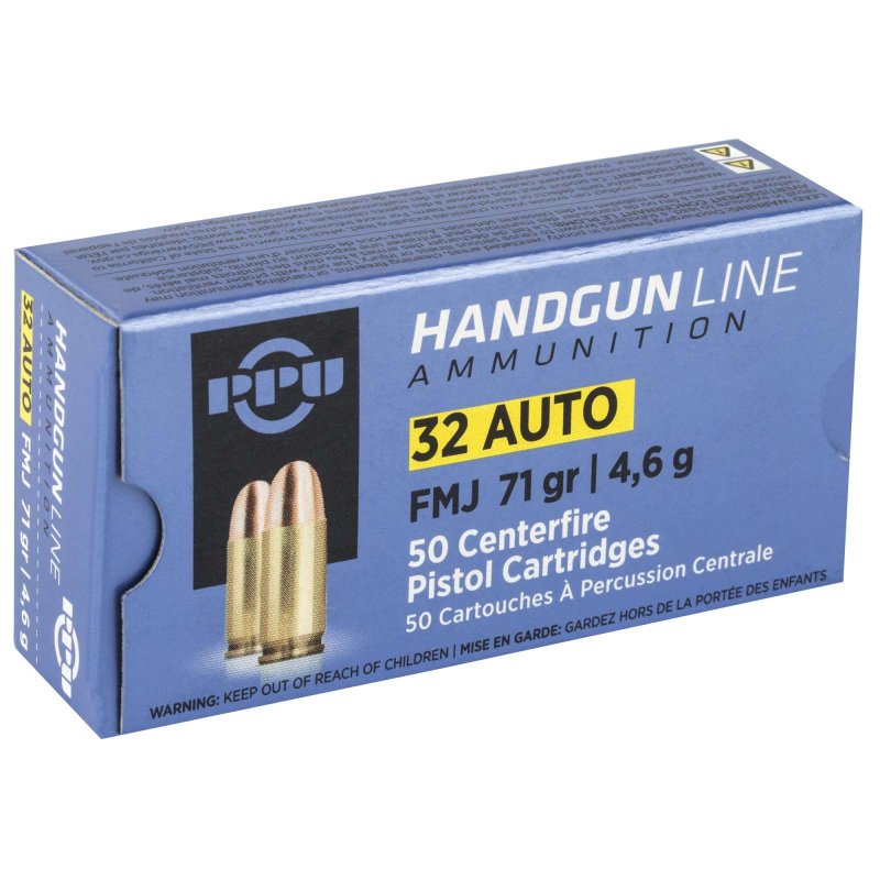 PPU PPH32AF .32 ACP 71gr FMJ Brass Ammo 50 Rounds