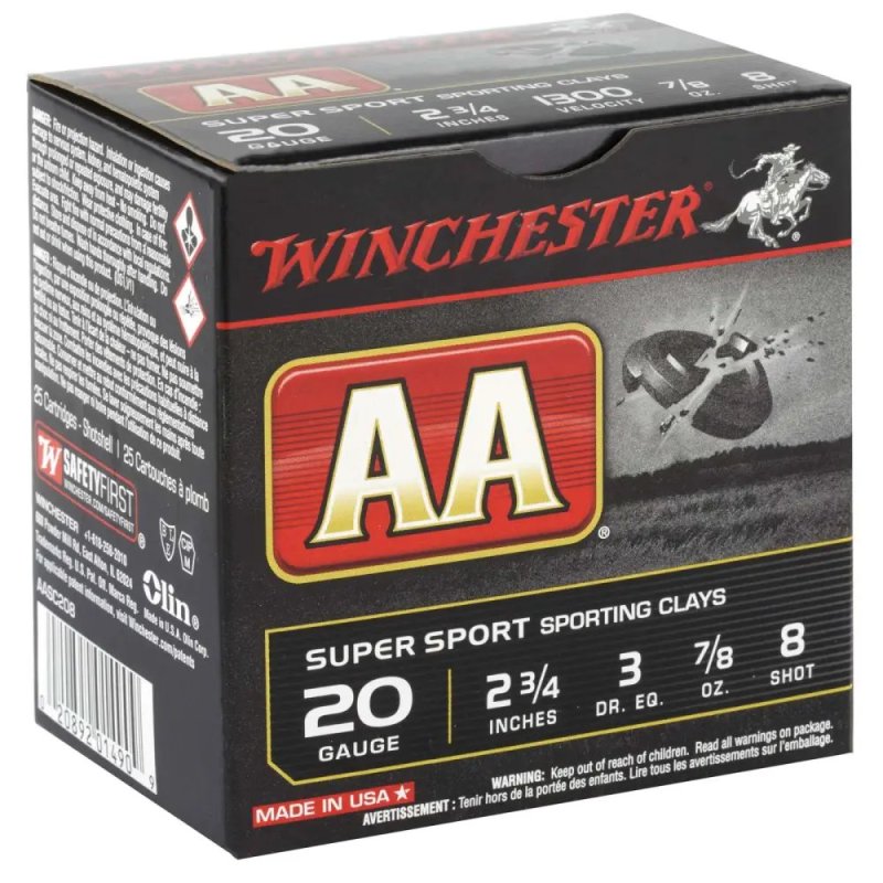 Winchester Ammo AASC208 AA Super Sport Sporting Clay 20 Gauge 2.75" 7/8 oz 1300 fps 8 Shot 25 Bx/10 Cs