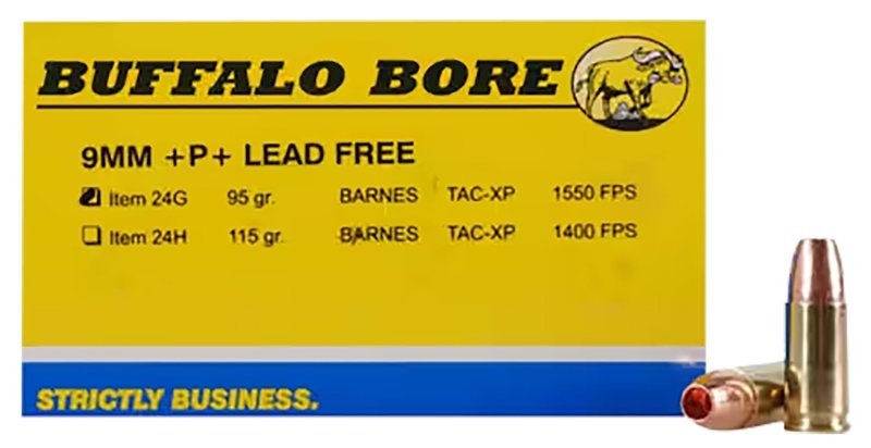 Buffalo Bore 24G20 9mm Luger +P+ 95gr Barnes TAC-XP Lead-Free Ammo 20rd