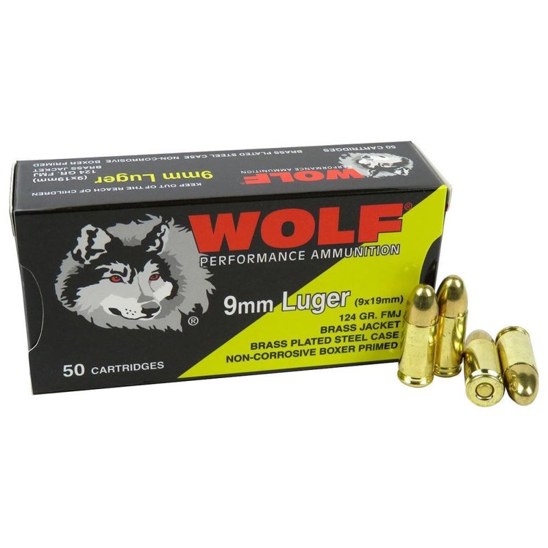 Wolf 919WCFMJ 9mm 124GR FMJ Brass Plated Steel Case 50/Box