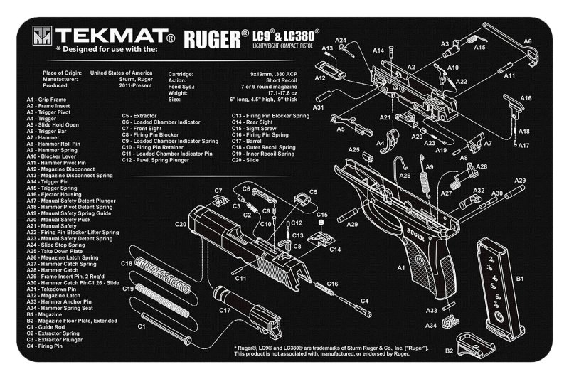 TekMat TEKR17RUGERLC9 Ruger LC9 Cleaning Mat 11"x17" Diagram