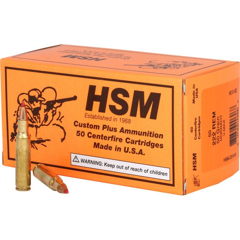 HSM HSM-222-8-N Varmint Ammo 222 Rem V-Max 50gr 50rd 3100fps