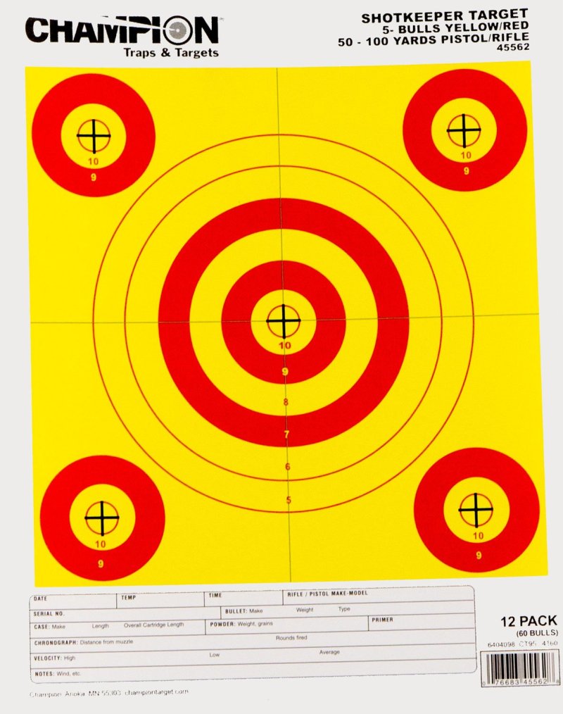 Champion Shotkeeper 45562 5-Bullseye 50-100 yds Pistol/Rifle Yellow/Red 12 PK